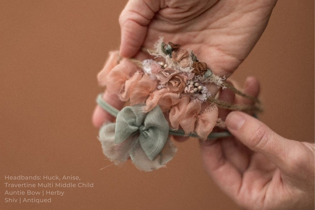 Headbands: Huck, Anise, Travertine Multi Middle Child / Auntie Bow | Herby / Shiv | Antiqued