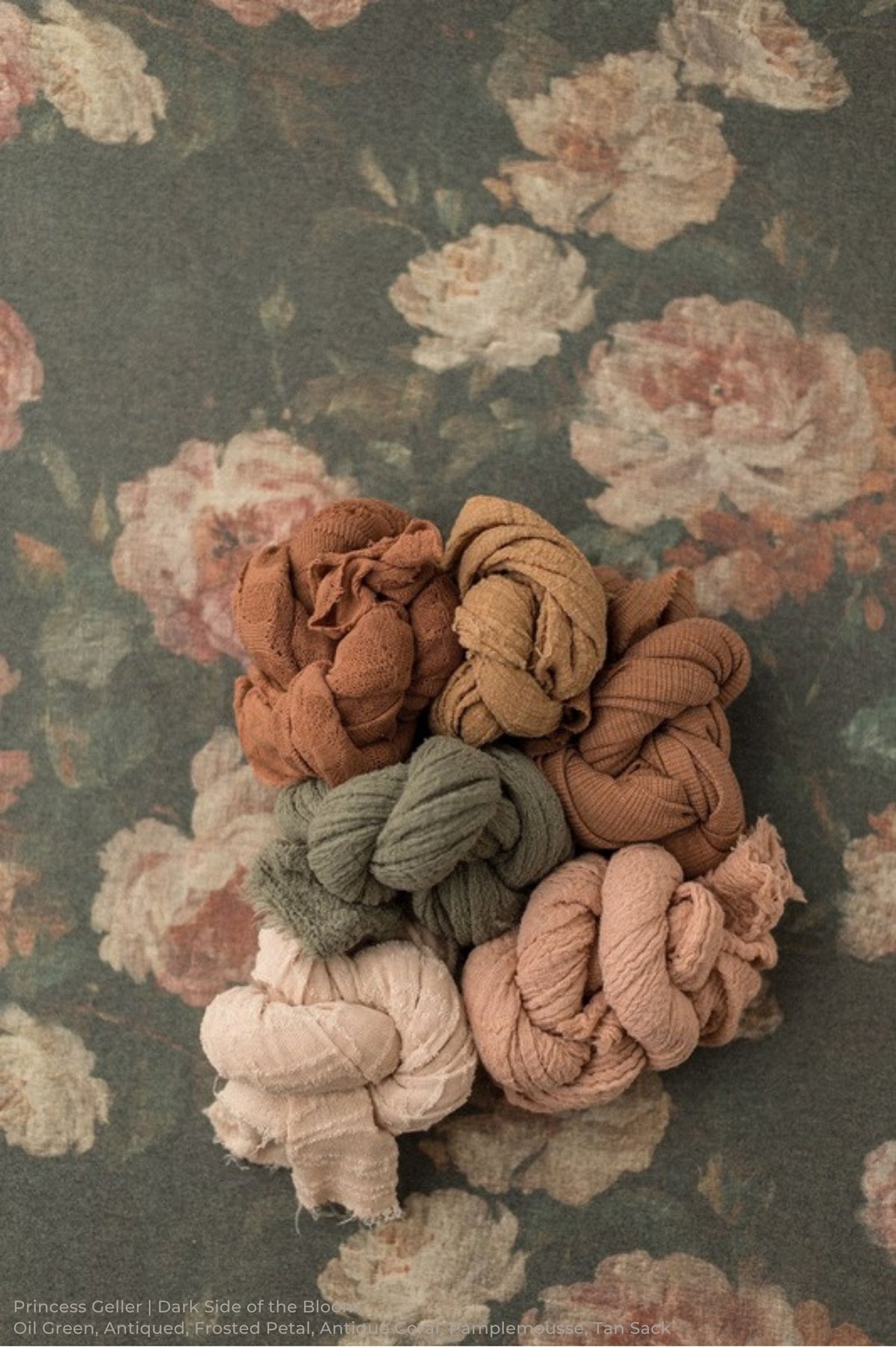 Princess Geller | Dark Side of the Bloom / Oil Green, Antiqued, Frosted Petal, Antique Coral, Pamplemousse, Tan Sack