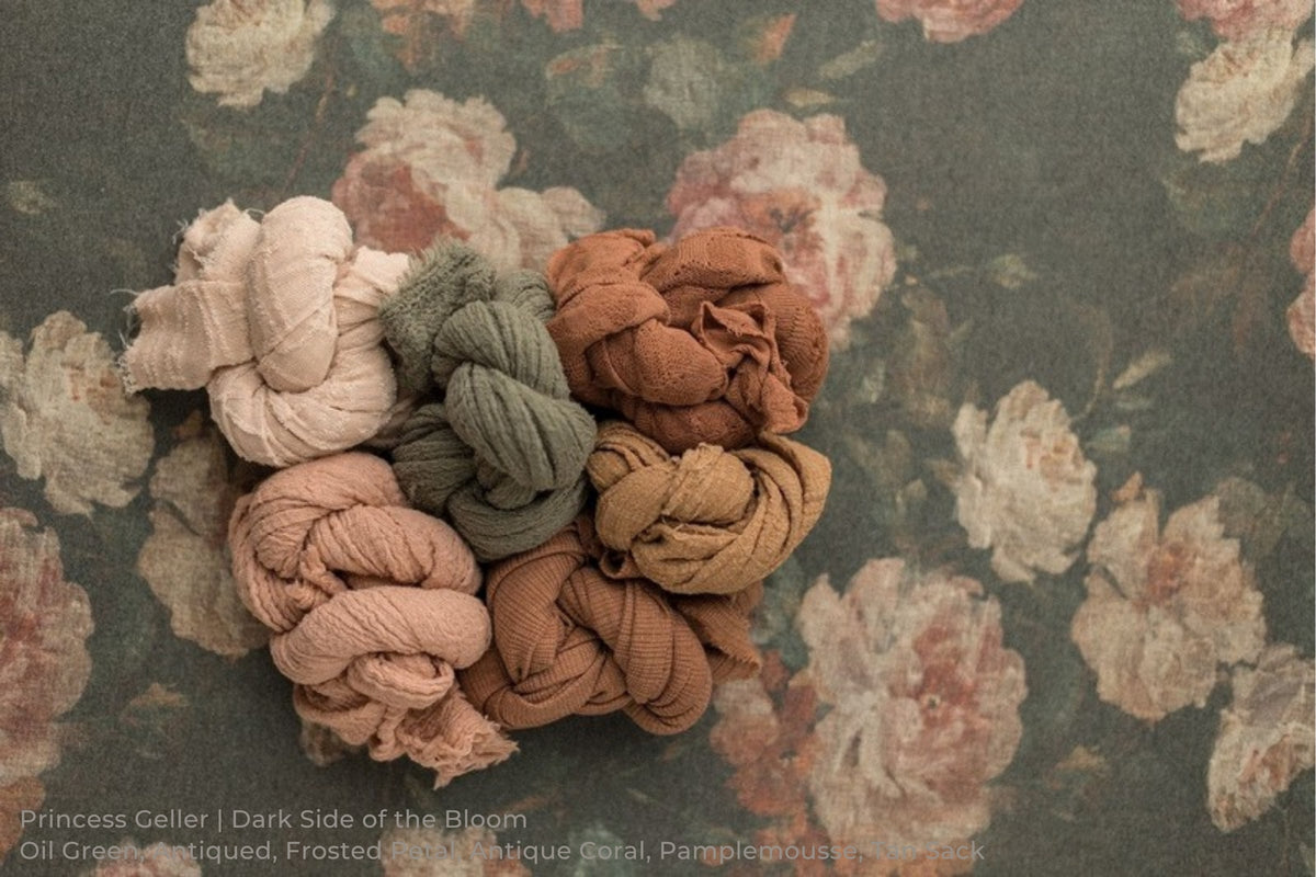 Princess Geller | Dark Side of the Bloom / Oil Green, Antiqued, Frosted Petal, Antique Coral, Pamplemousse, Tan Sack