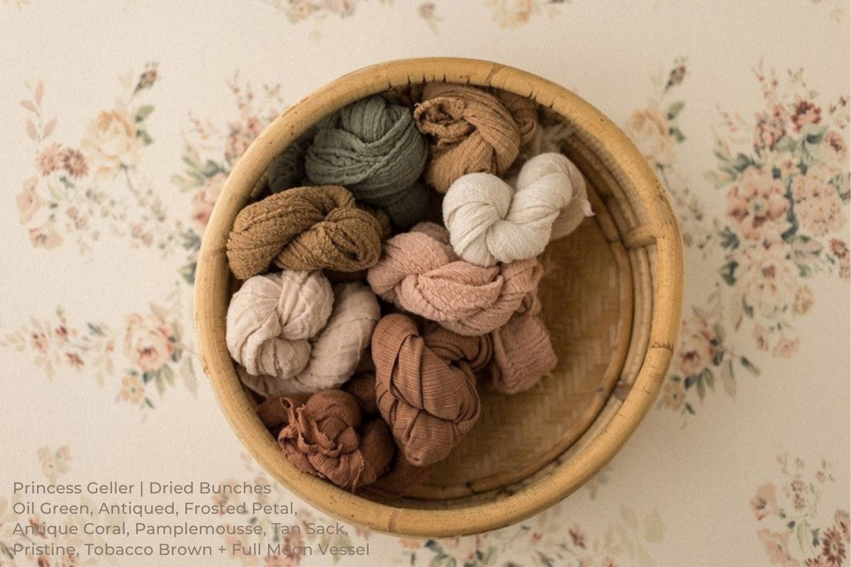 Princess Geller | Dried Bunches / Oil Green, Antiqued, Frosted Petal, Antique Coral, Pamplemousse, Tan Sack, Pristine, Tobacco Brown + Full Moon Vessel
