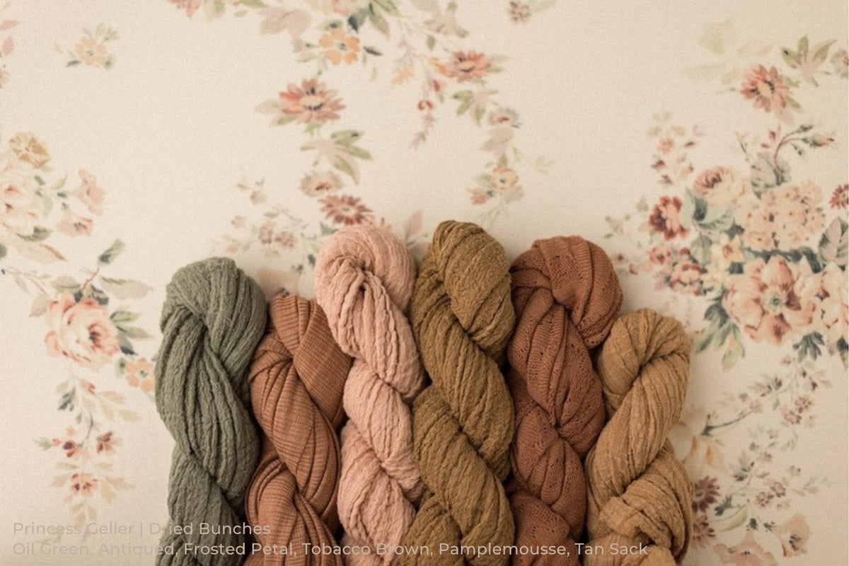 Princess Geller | Dried Bunches / Oil Green, Antiqued, Frosted Petal, Tobacco Brown, Pamplemousse, Tan Sack