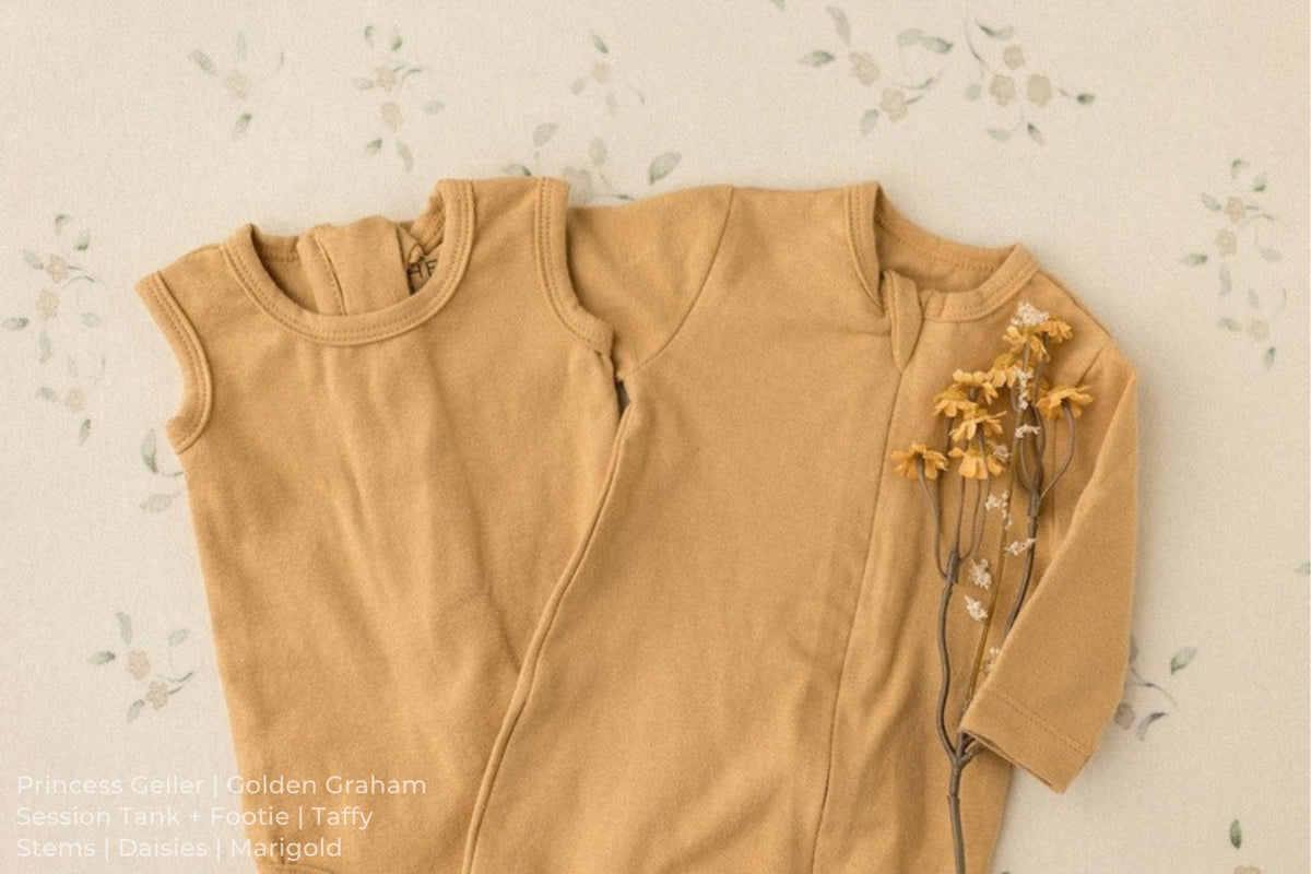 Princess Geller | Golden Graham / Session Tank + Footie | Taffy / Stems | Daisies | Marigold